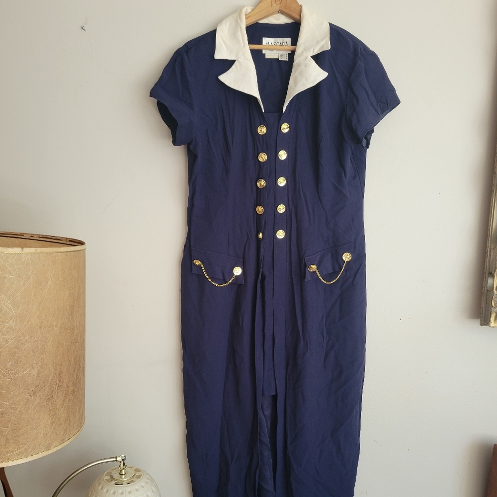 Vintage mascara women's navy blue naval themed dress size 14